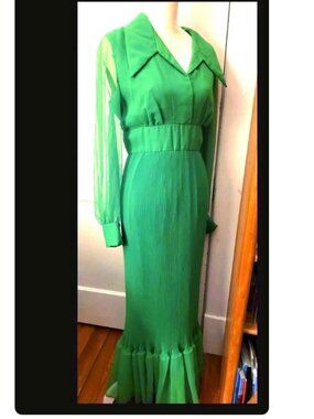 Vtg 70s Green Chiffon Accordion Pleat Ruffle Formal Maxi Hostess Dress Gown XL